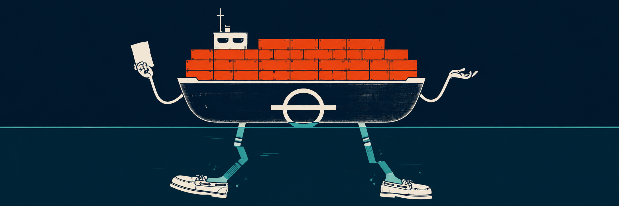 A container ship with legs and boat shoes, walking through water